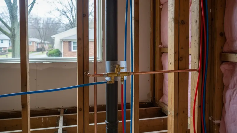 Supply pipework opened up in a wall of a house built in the 1980s Plumbing work in Howard County, MD.